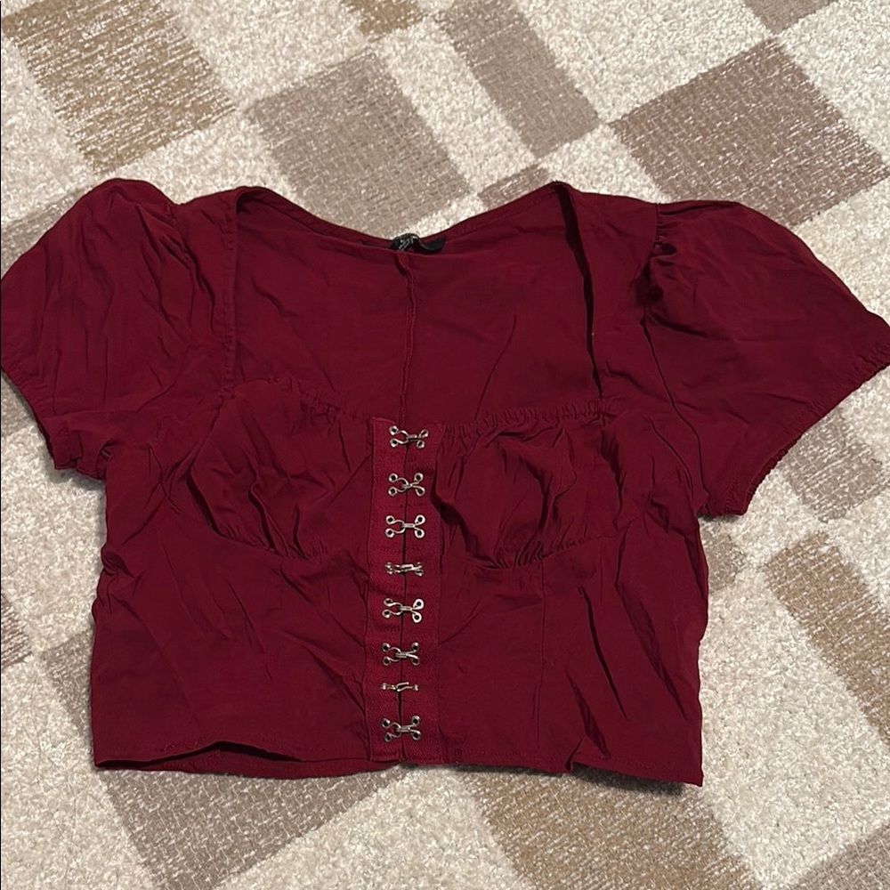 Red Embellished Puff Sleeve Crop Top